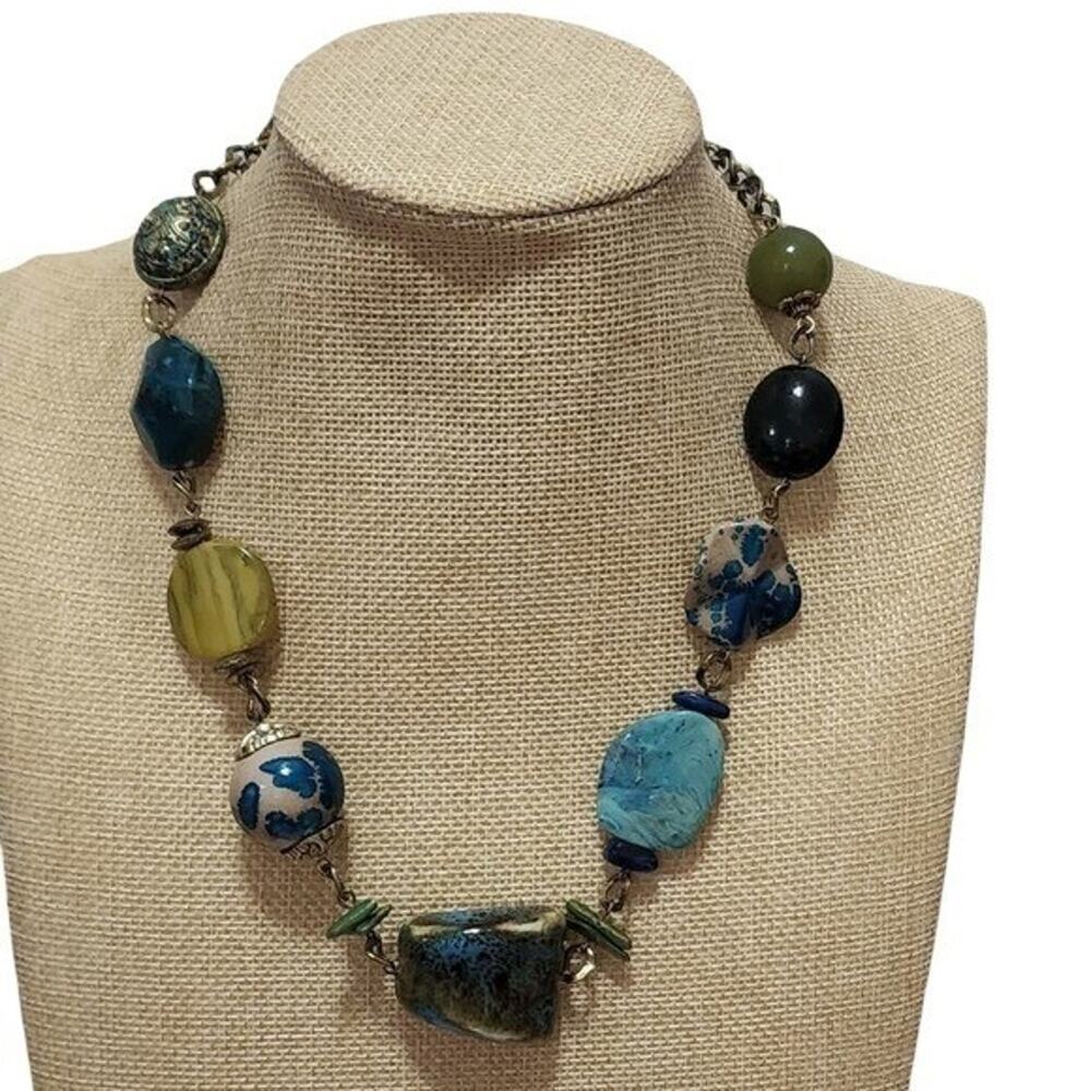 Treska Boho Chunky Mixed Bead Statement Necklace Teal Green Earthy Antique Brass